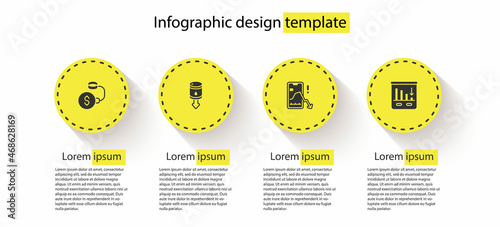 Set Debt ball chained to coin, Drop crude oil price, Mobile stock trading and Pie chart infographic. Business infographic template. Vector