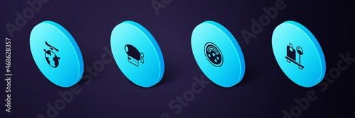 Set Isometric Scale with suitcase, Radar targets on monitor, Airship and Globe flying plane icon. Vector