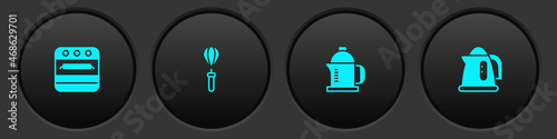 Set Oven, Kitchen whisk, French press and Electric kettle icon. Vector