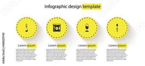 Set Kitchen ladle, Cooking live streaming, Wine glass and Teaspoon. Business infographic template. Vector