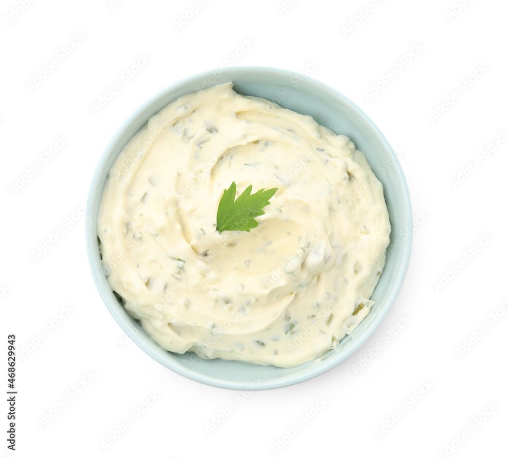 Tartar sauce in bowl isolated on white, top view Tartar sauce in bowl isolated on white, top view