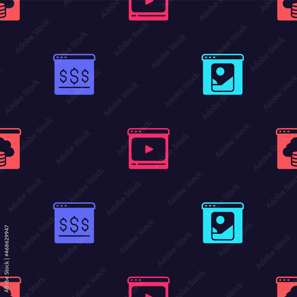 Set Photo retouching, Online shopping on screen, play video and Cloud technology data transfer on seamless pattern. Vector