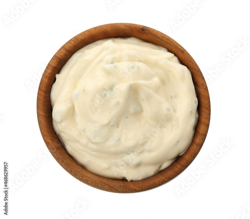 Tartar sauce in bowl isolated on white, top view