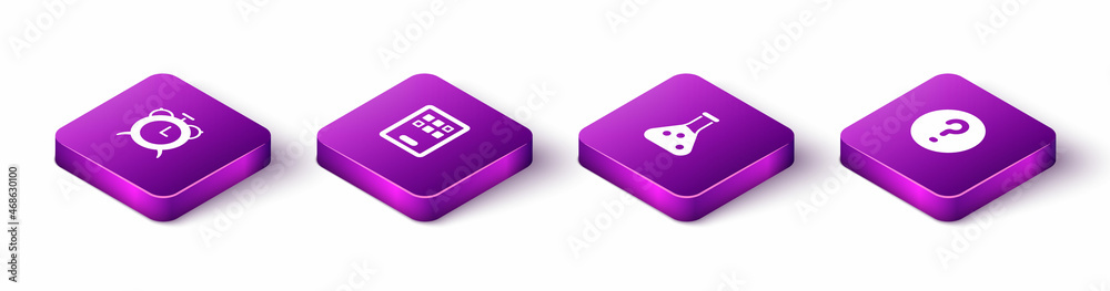Set Isometric Alarm clock, Graphic tablet, Test tube and Speech bubbles with Question icon. Vector Set Isometric Alarm clock, Graphic tablet, Test tube and Speech bubbles with Question icon. Vector