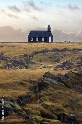 Budakirkja black Church, Snaefellsnes Peninsula, Iceland. Sunrise shot of this tradition wooden church in autumn.