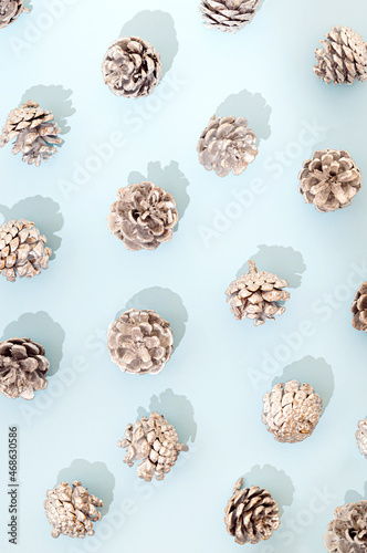 Silver pinecones on a blue background. Winter background wallpaper