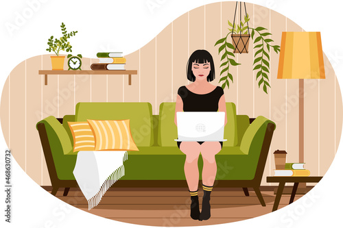 Young woman sitting on a comfortable couch with laptop. Perform online homework. Online life education. Vector flat style.