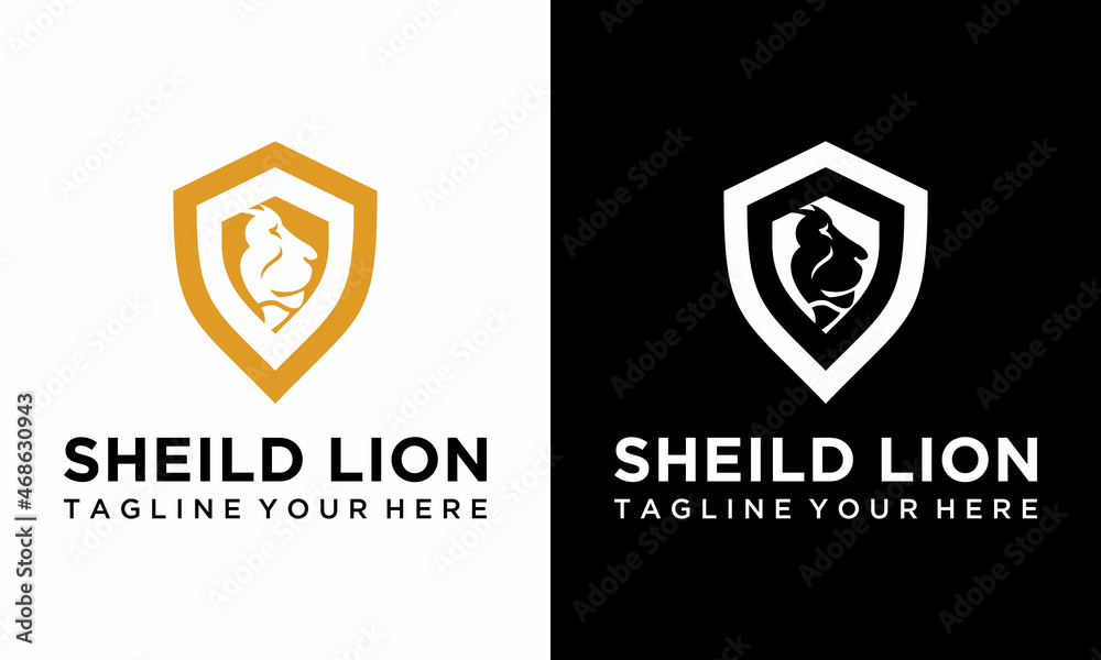 lion shield luxury logo icon, elegant lion shield logo design illustration on a black and white background.