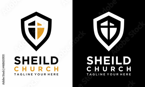 Cross and shield of faith christian church vector logo. Missionary icon. Religious symbol. Protection, safety, security sign. Windows or doors. Weapon conservative idea.on a black and white background