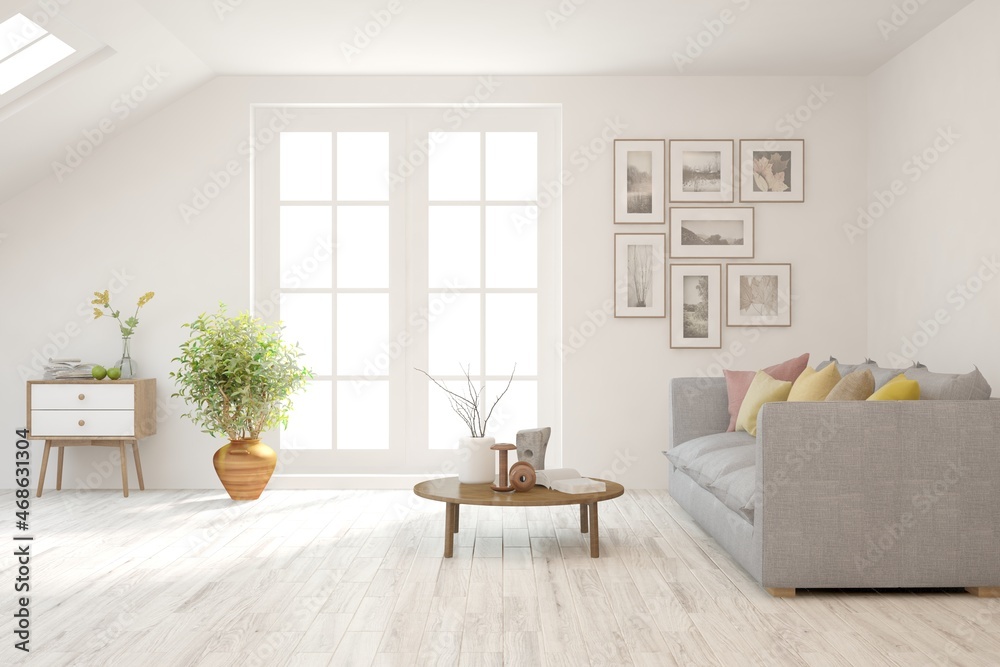 Naklejka premium Modern living room in white color with sofa. Scandinavian interior design. 3D illustration