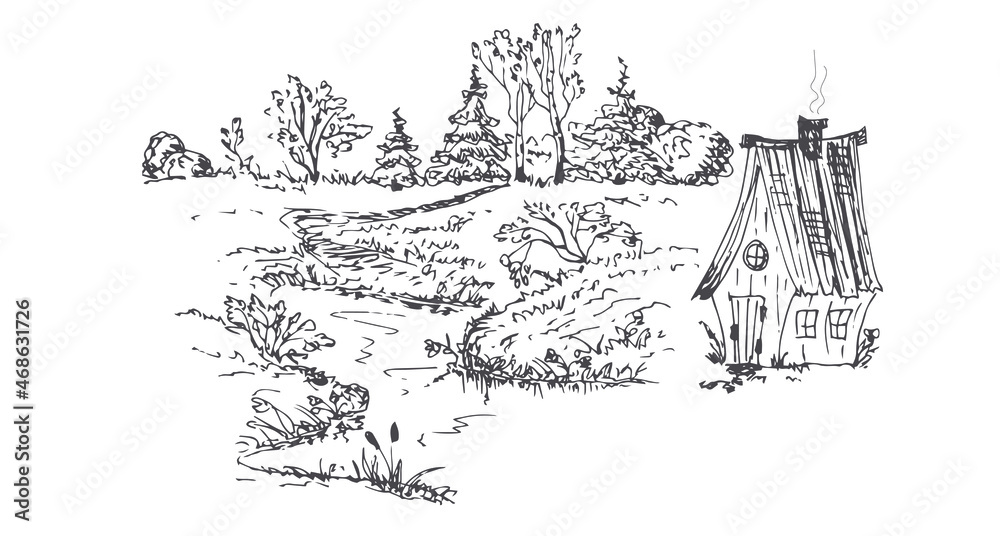Fototapeta premium Landscape with a rural house and a forest. Vector hand drawn illustration.