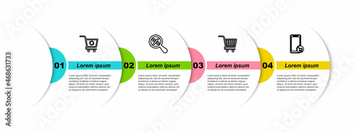 Set line Refresh shopping cart, Magnifying glass with percent, Shopping and Mobile and. Business infographic template. Vector