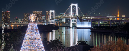 Christmas tree at Odaiba, Rainbow Bridge and Tokyo Tower at night お台場のクリスマスツリーとレインボーブリッジと東京タワー 夜景