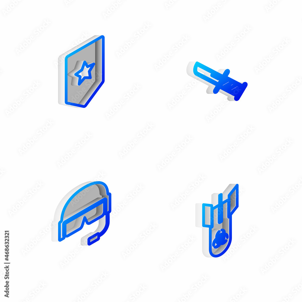Set Isometric line Military knife, Chevron, helmet and Biohazard bomb icon. Vector Set Isometric line Military knife, Chevron, helmet and Biohazard bomb icon. Vector