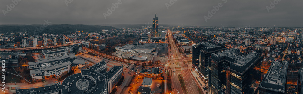 aerial view of the city at night - obrazy, fototapety, plakaty 