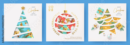 Xmas modern design set in paper cut style with Christmas tree, ball, star golden blue and white gifts, pine branches and lights on white background. Christmas cards, posters, holiday covers or banners