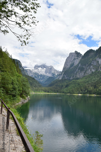 View of the Austria nature - high alpine and lakes in valley. Summer nature with green colors.