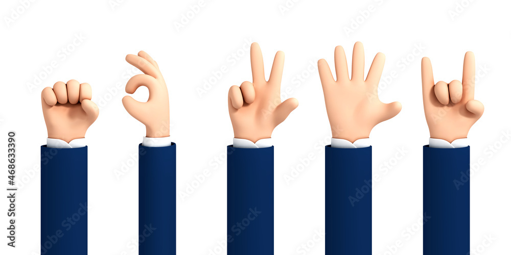 Obraz premium Set of cartoon 3d hands. Vector cartoon hand gestures isolated on white background.