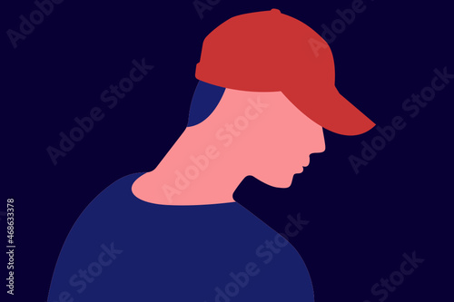 Unidentified young man profile portrait illustration. Teenager in casual clothing wearing a baseball hat. Vector.