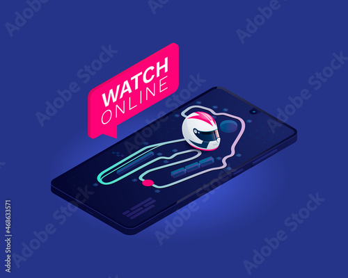 A racing circuit with a racing helmet on a smartphone. Isometric vector illustration. The concept is watching the race on a phone online.
