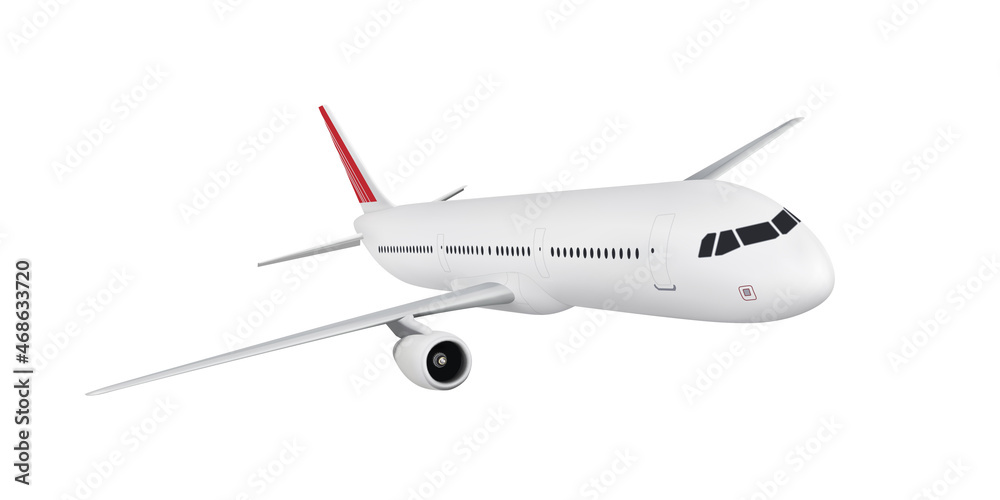 Vector realistic airplane isolated on white background. Highly detailed white passenger airliner with a red tail wing. - obrazy, fototapety, plakaty 