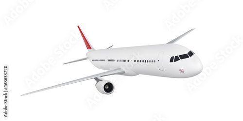 Vector realistic airplane isolated on white background. Highly detailed white passenger airliner with a red tail wing.