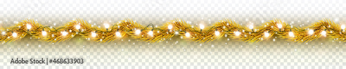 Christmas festive gold decoration with lights isolated on transparent background. Xmas tree golden decor element seamless border. Vector holiday realistic curved foil ribbon template
