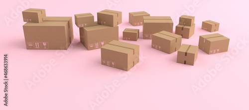 3D rendering of variety cardboard box, brown shipping box and boxes of various sizes. Concept of money, Business on mobile and delivery, concept Business Online delivery, isolated on pink background.