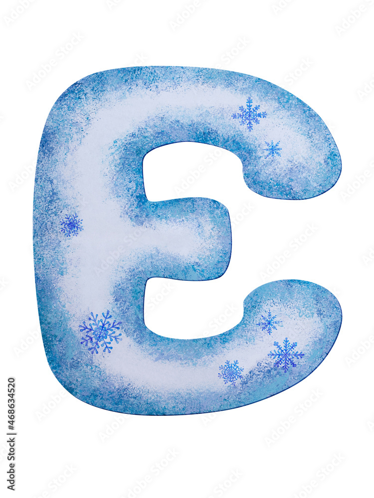 Letter E drawn on paper in gouache with several snowflakes of different sizes and spots, smears and specks of blue and lilac paint in winter style