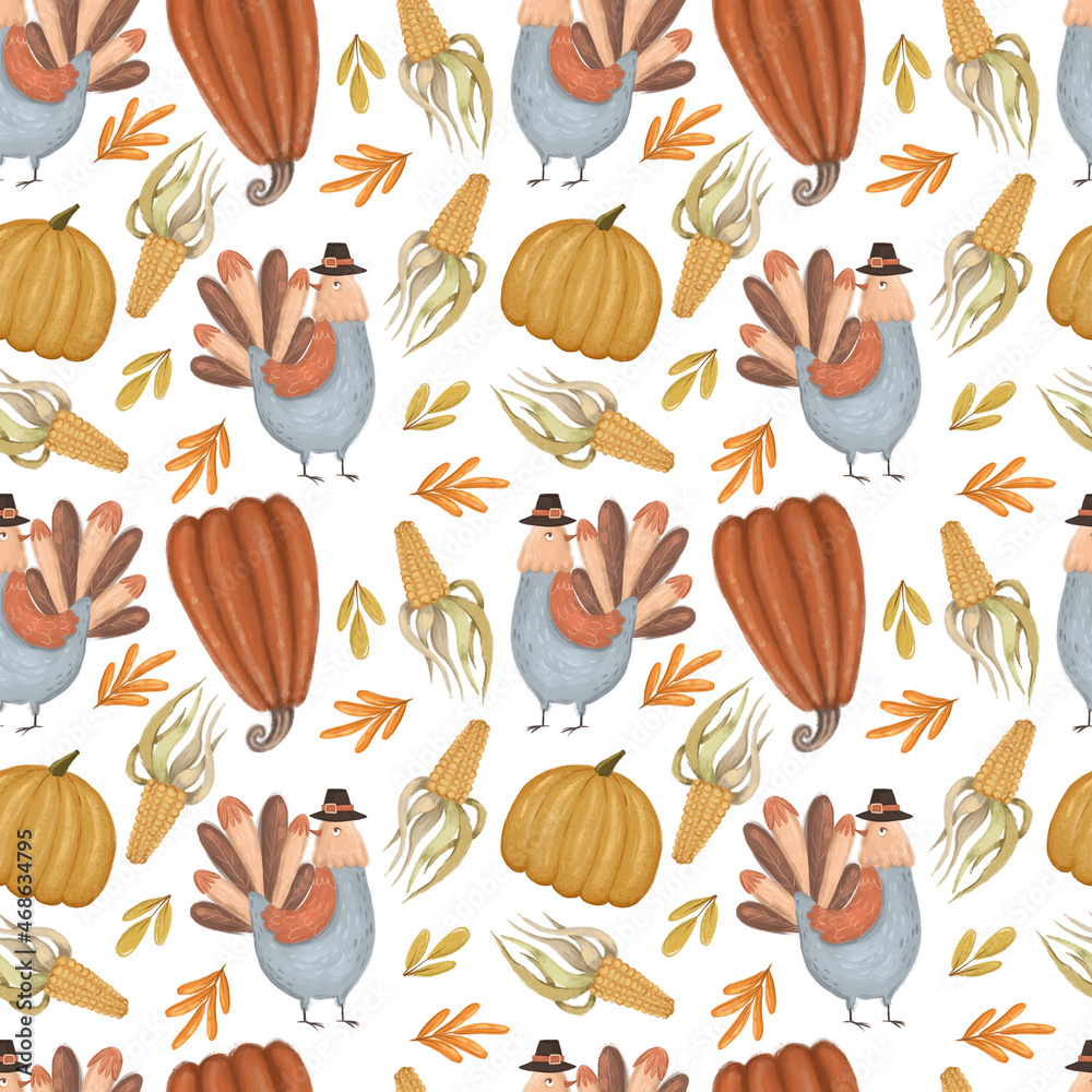 Seamless, hand-drawn Thanksgiving pattern on a white background. With turkey, pumpkin, kuruuz and yellow and orange autumn leaves. Suitable for gift wrapping, wallpaper, fabrics.