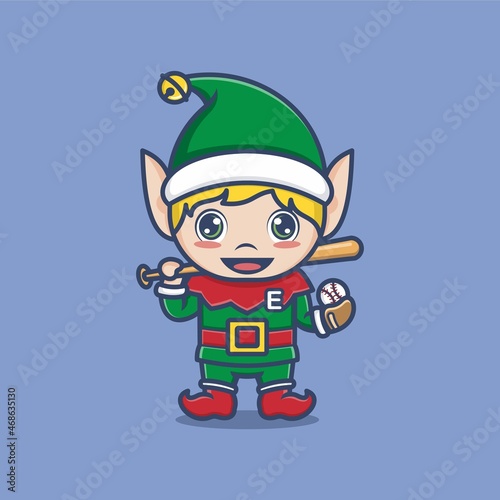 cute cartoon christmas elves become baseball players. vector illustration for mascot logo or sticker