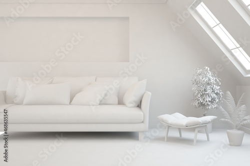 Wallpaper Mural Mock up of minimalist living room in white color with sofa. Scandinavian interior design. 3D illustration Torontodigital.ca
