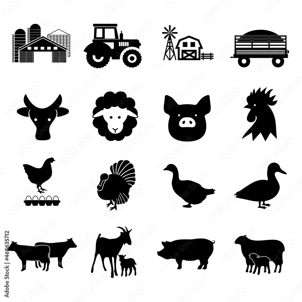 A set of agricultural icons of grain farming animal husbandry
