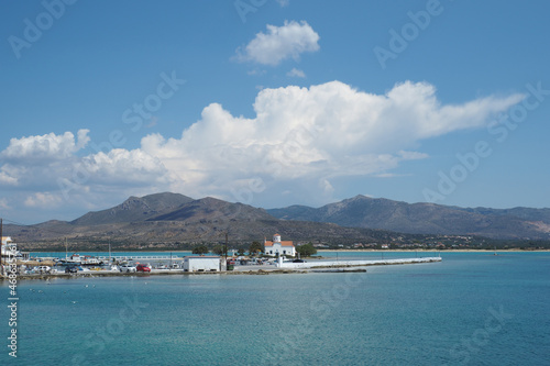 Beautiful small landmark church Of Agios Spyridon  in port and main seaside town of Elafonisos island, Lakonia, Peloponnese, Greece