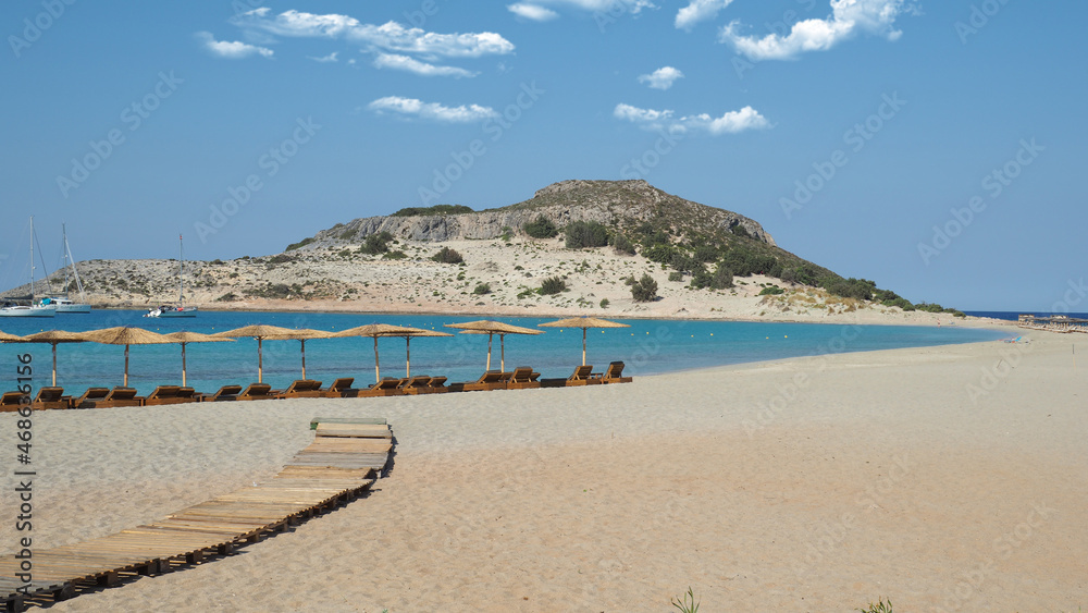 Beautiful sandy beach of Simos with crystal clear turquoise sea and natural sand dunes, Elafonisos island, Peloponnese, Greece