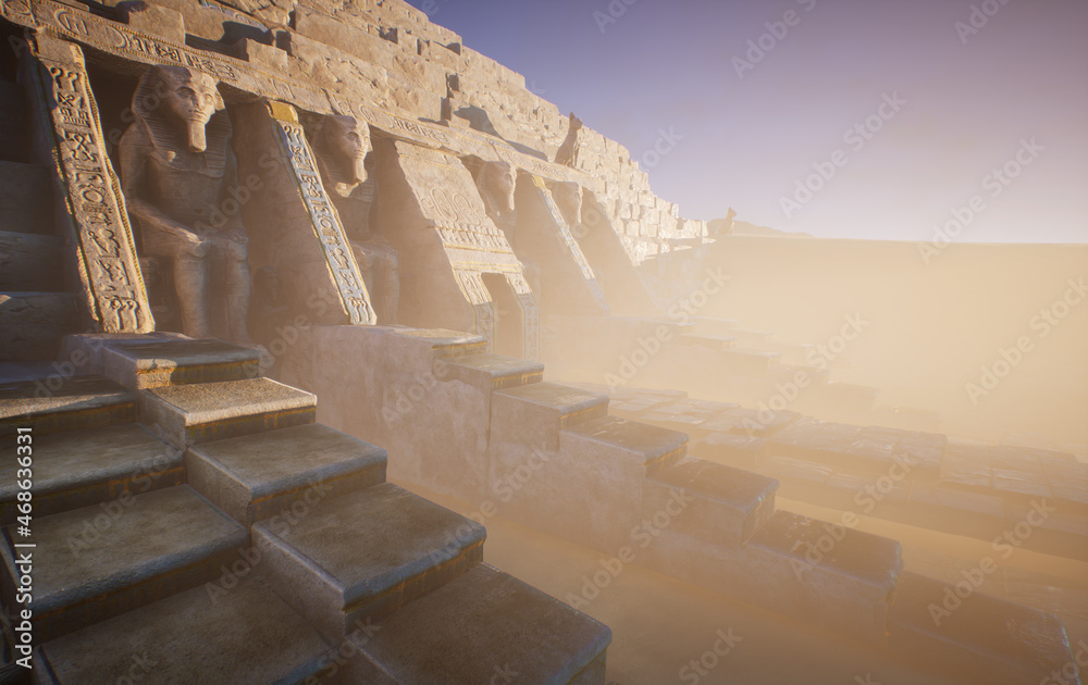 A 3d rendered scene from a fantasy Egyptian city. Ancient temple background. 