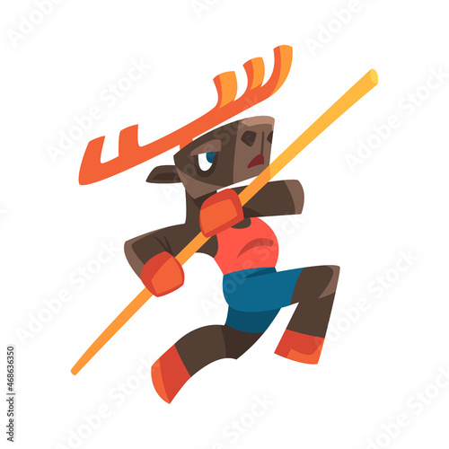 Horned Elk in Sportswear Pole Vaulting or Jumping Doing Sport Vector Illustration