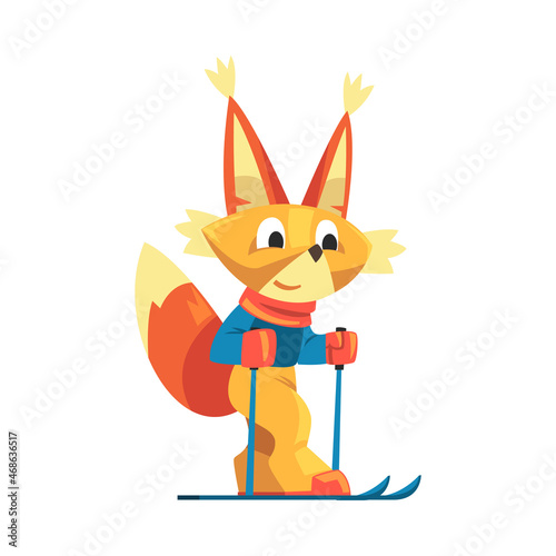 Fluffy Orange Squirrel in Sportswear Skiing Doing Sport Vector Illustration