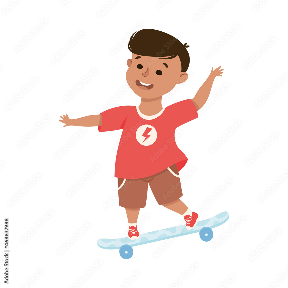 Little Boy on Skateboard in Skate Park Having Fun and Enjoying Recreational Activity Vector Illustration Little Boy on Skateboard in Skate Park Having Fun and Enjoying Recreational Activity Vector Illustration