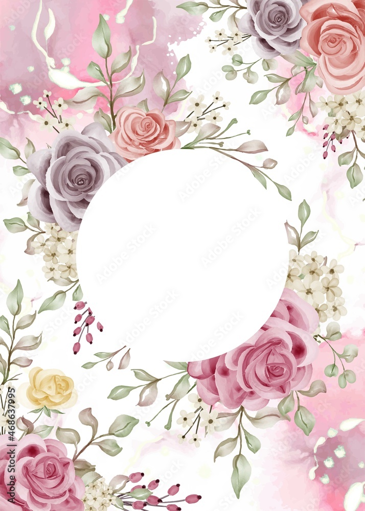 Circular Space Pink Rose Floral Frame Watercolor