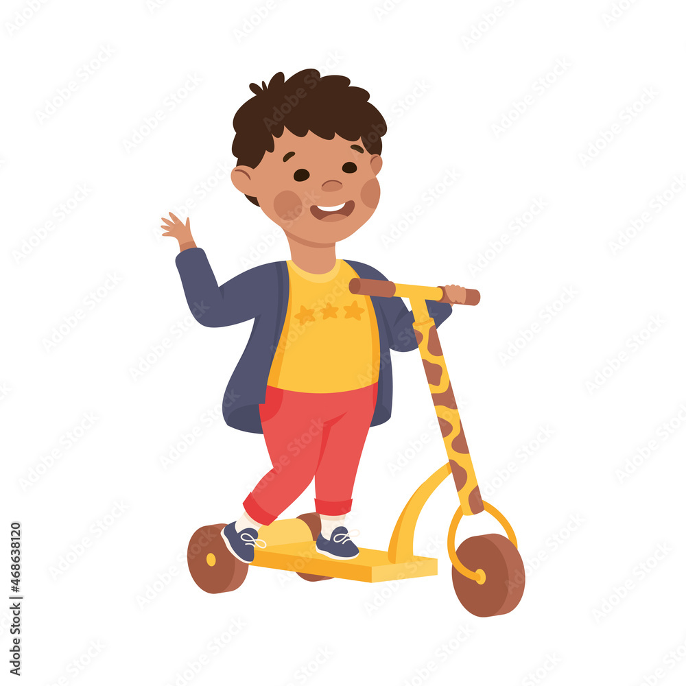 Little Boy on Scooter in Skate Park Having Fun and Enjoying Recreational Activity Vector Illustration Little Boy on Scooter in Skate Park Having Fun and Enjoying Recreational Activity Vector Illustration
