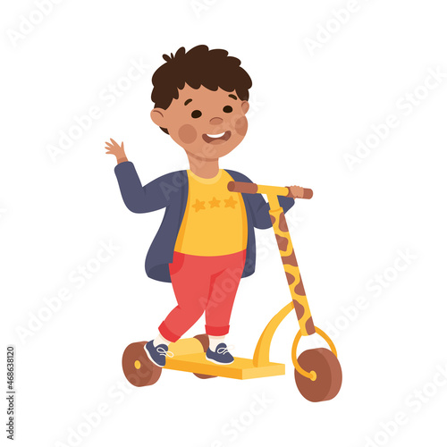 Little Boy on Scooter in Skate Park Having Fun and Enjoying Recreational Activity Vector Illustration