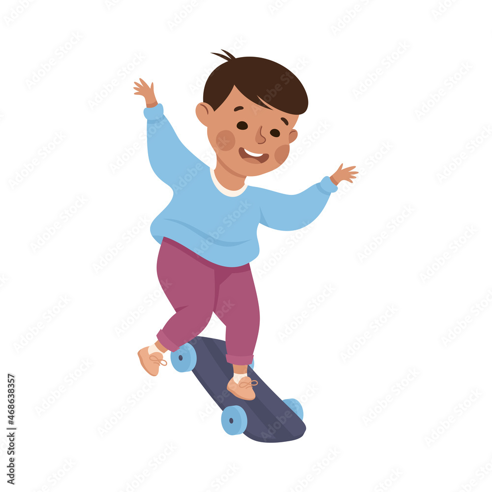 Little Boy on Skateboard in Skate Park Having Fun and Enjoying Recreational Activity Vector Illustration