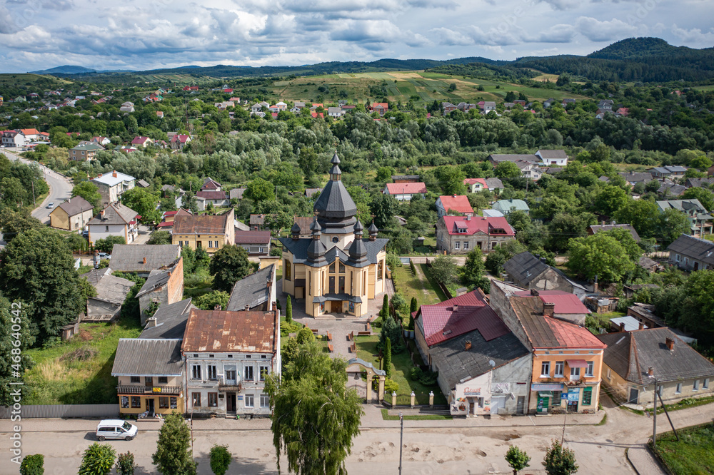 Aerial view on Church of St. Andrew the First-Called in Dobromyl, Ukraine from drone