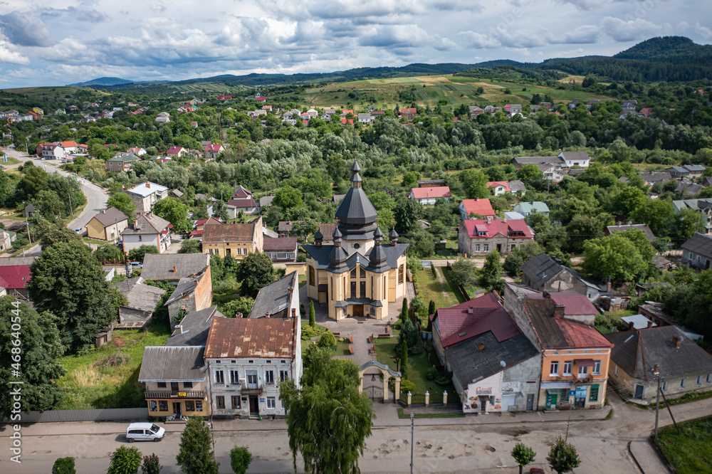 Aerial view on Church of St. Andrew the First-Called in Dobromyl, Ukraine from drone