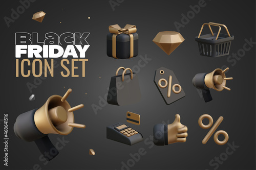 Black Friday sale 3d icon set in black color with golden elements on black background for banner or flyer design. Vector illustration