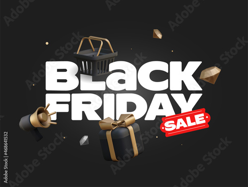 Black Friday sale banner or poster or post design concept with white Black Friday lettering on black background surrounded by black 3d shopping icons. Vector illustration