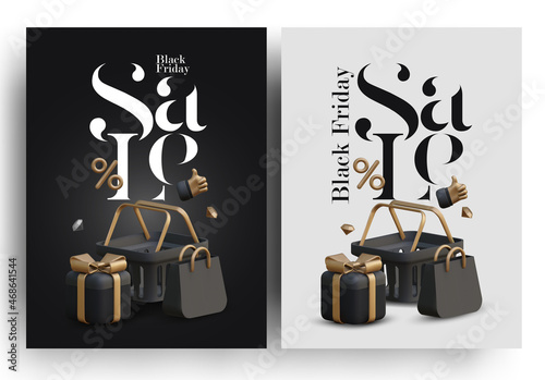 Black Friday Sale flyer or poster design template with 3d shopping icons and sale lettering in light and black versions. Vector illustration