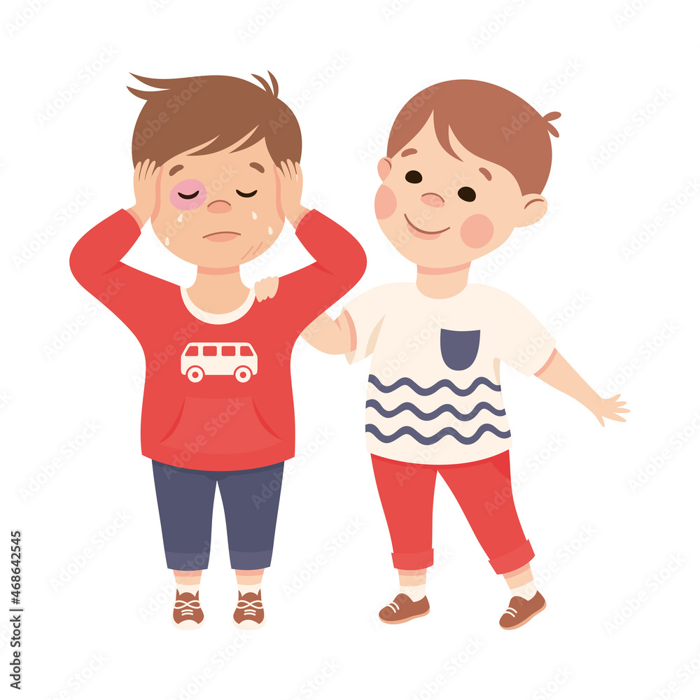 Little Boy Supporting and Comforting Sad Friend with Black Eye Feeling Empathy and Compassion Vector Illustration Little Boy Supporting and Comforting Sad Friend with Black Eye Feeling Empathy and Compassion Vector Illustration