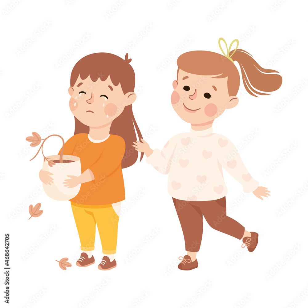 Little Girl Supporting and Comforting Sad Friend Holding Faded Flower in Flowerpot Feeling Empathy and Compassion Vector Illustration Little Girl Supporting and Comforting Sad Friend Holding Faded Flower in Flowerpot Feeling Empathy and Compassion Vector Illustration